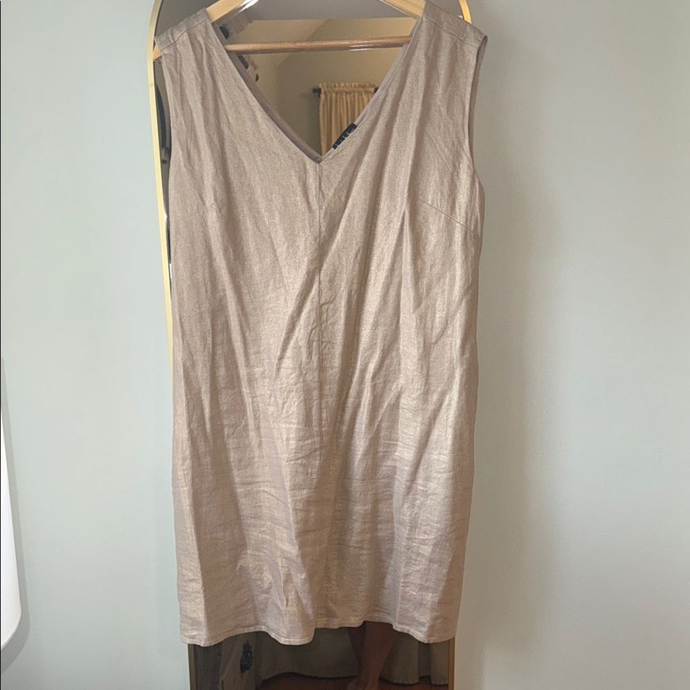 Nicole Miller Lined Linen Shimmering Gold V-Neck Dress